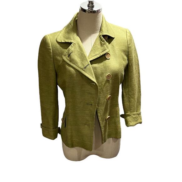 Akris Punto Green Linen Silk Blend Asymmetrical Button Blazer Jacket Size US 4 - Picture 1 of 12